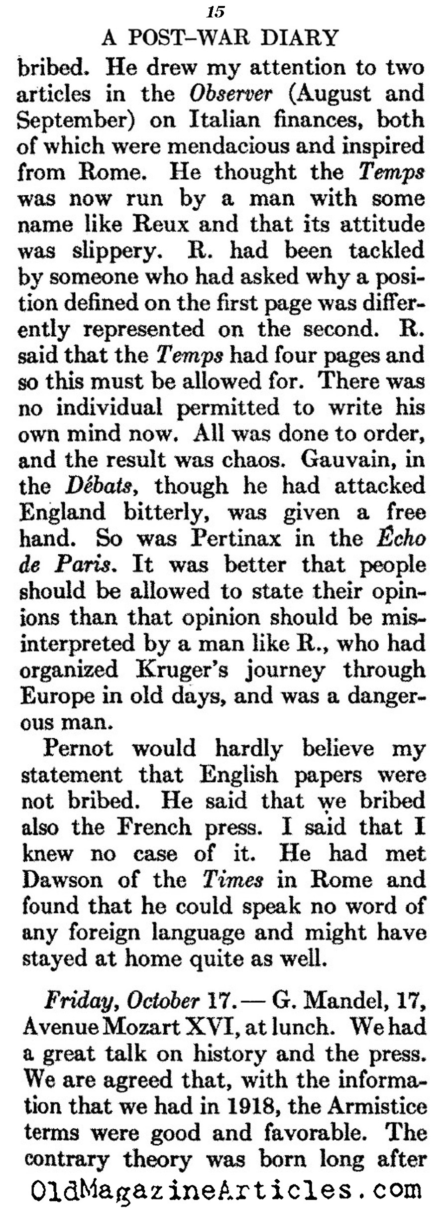 Post-War Diary (Atlantic Monthly, 1928)